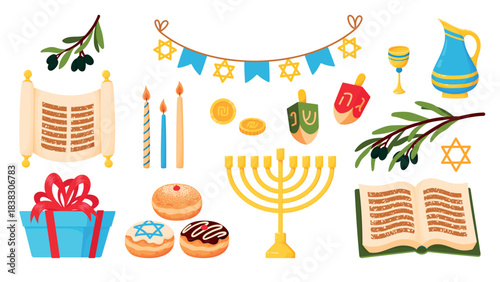 Set of Hanukkah holiday elements and attributes. Hanukkiah, Torah, dreidel, sufganiyot, coin, Star of David, candles, olive branch. Flat vector illustrations isolated on white background