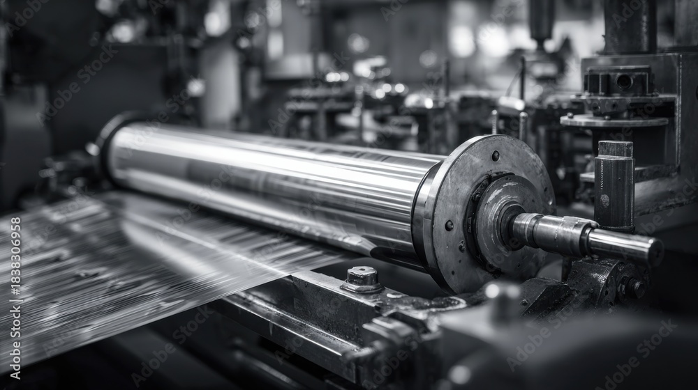 Fototapeta premium Medium shot of gravure plate engraving showing rotary cylinder with deep etching patterns and skilled craftsmanship in creating printing grooves