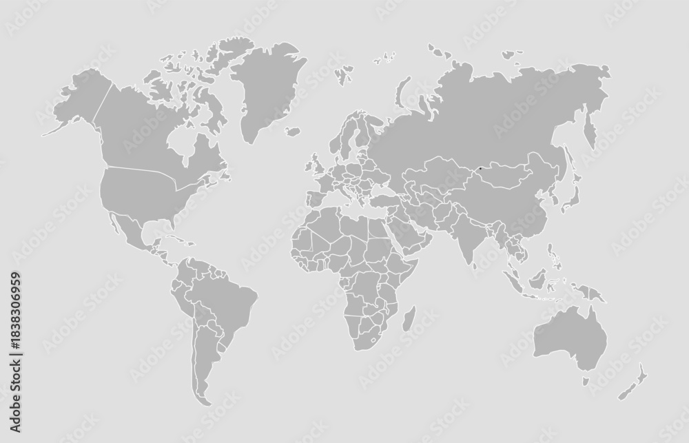 Fototapeta premium Minimalist Blank World Map Vector Design, Detailed Grey Outline of Countries and Continents for Geographical and Travel Concepts.