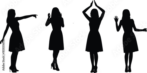 Female silhouette vector set in dress and heels, elegant standing poses, black isolated fashion artwork, gesture and movement illustration for design use