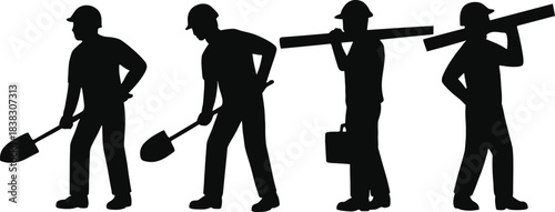 Construction worker silhouettes with hard hats, shovel and beam carrying poses, black vector icons, labor tools, industrial job activity set, site work illustration
