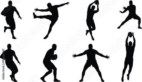 Set of black rugby or American football player silhouettes showing diverse dynamic actions including running with the ball, kicking, catching, jumping, and defending on a white background, isolated.
