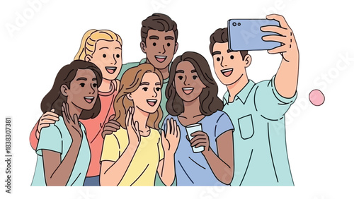 Snapshot of Connection: A vibrant group of friends, representing diverse backgrounds, joyfully capture a moment together through a selfie, embodying friendship and togetherness.