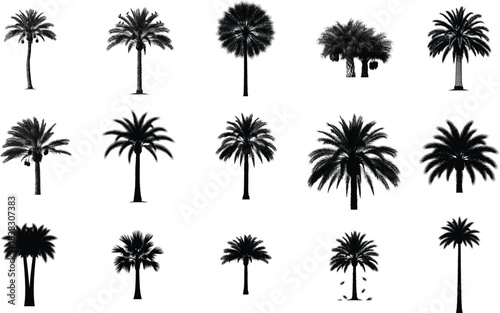 Collection of silhouetted palm trees on a white background