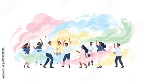 A Symphony of Color and Celebration: A vibrant scene unfolds as individuals dance amidst a cloud of colored powder, celebrating togetherness, joy, and the vibrancy of life.