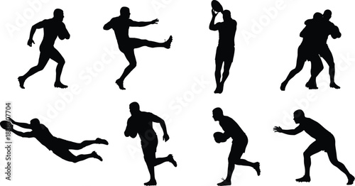 Set of black rugby or American football player silhouettes showing diverse dynamic actions including running with the ball, kicking, diving, catching, tackling, and defending on a white background