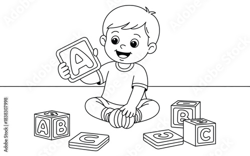 A young child happily playing with alphabet blocks, holding up the letter a