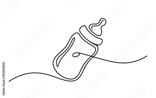 Minimalist continuous line art of a baby bottle representing feeding and infancy