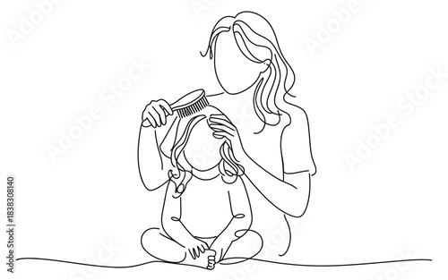 Continuous line art illustration of a mother brushing her daughter's hair