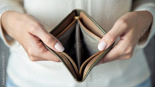 An open wallet held by two hands, revealing its empty interior, symbolizing financial emptiness or lack of funds.