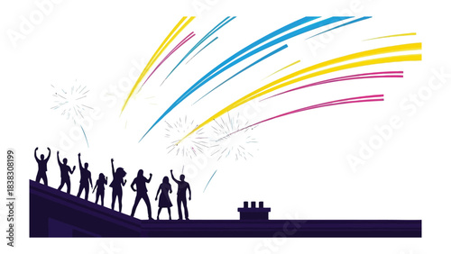 Celebratory Rooftop Silhouette: A group of silhouettes stands on a rooftop, silhouetted against a burst of colorful fireworks. A sense of anticipation, excitement, and celebration.