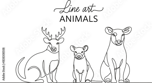 Animals outline set vector illustration. Line Art hand drawn woodland simple collection Outlined Animals Majestic Lion Elephant Giraffe deer cow etc.