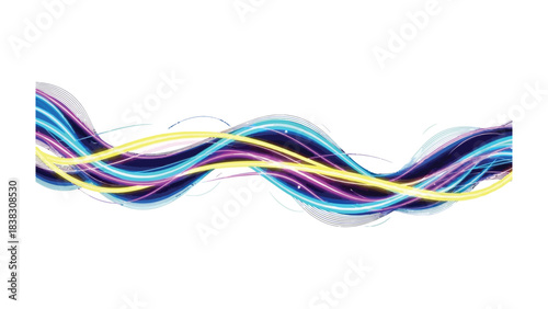 Abstract Fluid Lines: Dynamic, multicolored fluid lines flow across the image, suggesting motion and energy, against a clean backdrop. 