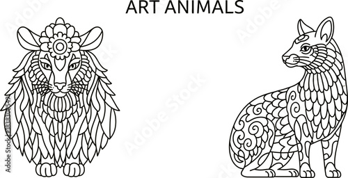 Animals outline set vector illustration. Line Art hand drawn woodland simple collection Outlined Animals Majestic Lion Elephant Giraffe deer cow etc.