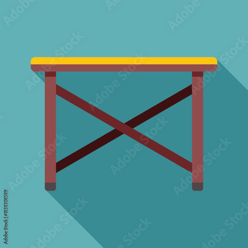 Simple folding table icon with crossed legs and yellow tabletop, isolated on a turquoise background, creating a minimalist and modern design