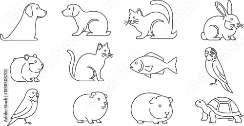 Animals outline set vector illustration. Line Art hand drawn woodland simple collection Outlined Animals Majestic Lion Elephant Giraffe deer cow etc.