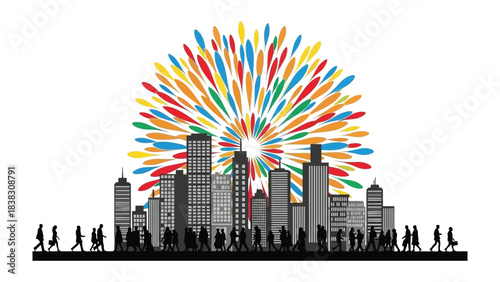 City Skyline with Celebration: A stylized cityscape silhouette with a colorful explosion, embodying the spirit of festivity and vibrancy.