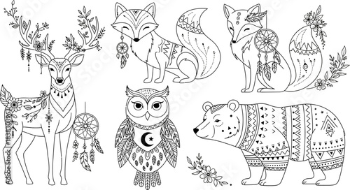Hand draw coloring page line art animal bundle. Wild Animals Collection in Clean Outlines. Various Animals Set in Line Art. Animal Outline Set for Illustration.