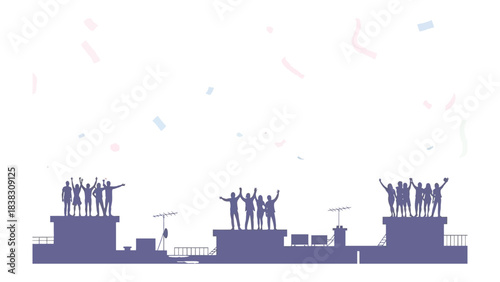 Rooftop Celebration: Silhouetted figures stand atop buildings, arms raised in unified celebration. Captured amidst the backdrop of scattered confetti.