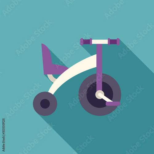 Children's tricycle with purple seat and handlebars, white frame, and gray wheels, set against a turquoise backdrop with a dramatic long shadow