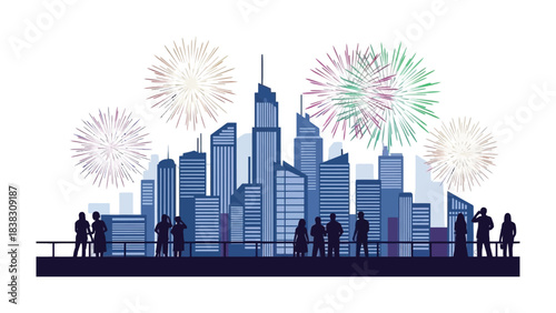 City Fireworks Spectacle: A vibrant fireworks display lights up the night sky over a modern cityscape, viewed by a crowd of onlookers, capturing the urban celebration and festive atmosphere.