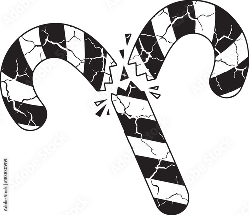 A dramatically broken and cracked blackandwhite striped candy cane illustration depicting holiday stress and shattered expectations