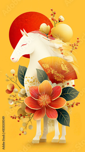 Majestic horse adorned with flowers and sun against a vibrant yellow backdrop