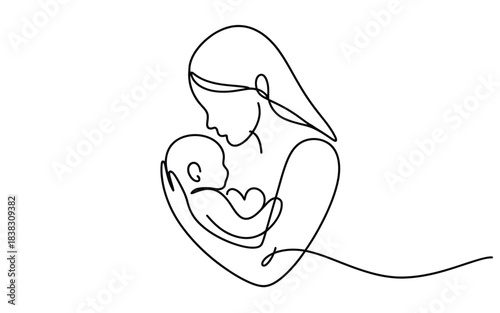 Continuous line art of a mother tenderly cradling her newborn baby