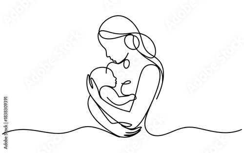 Continuous line drawing of a mother cradling her newborn baby with care