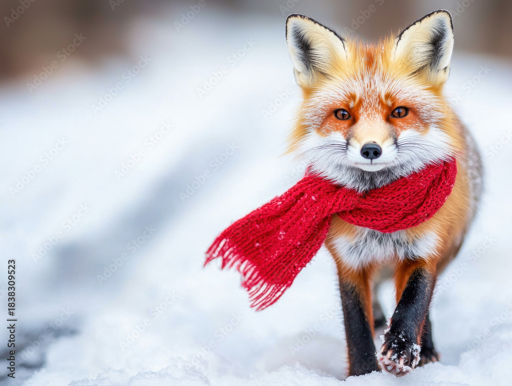 Naklejka premium Red fox wearing red scarf walks through snowy landscape with joyful expression creating festive christmas atmosphere in winter