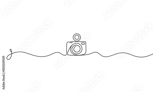 Simple continuous line drawing illustration of a camera icon on a long wavy line