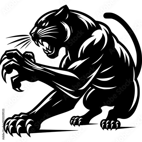 Black Panther Silhouette: A striking black panther in a dynamic pose, ready to strike with fierce claws and a menacing growl, set against a stark backdrop, capturing raw power and agility.
