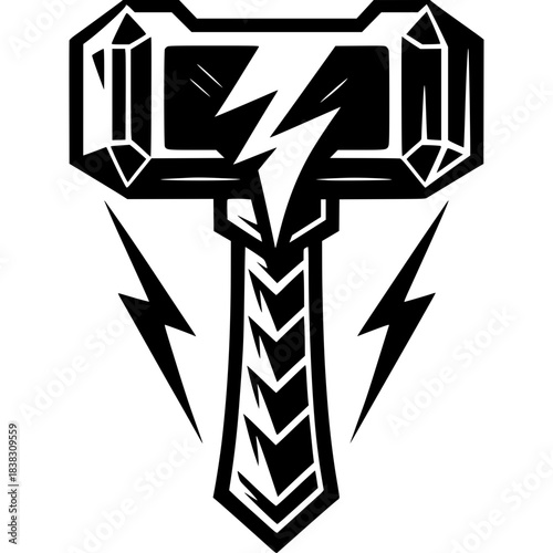 Powerful Hammer Emblem: A striking black and white emblem showcases a stylized hammer, enhanced with lightning bolts, embodying strength and might. 