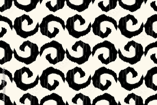 Black-and-White Abstract Ikat Spiral Seamless Pattern. traditional ikat textile art. Ideal for adding a striking, contemporary ethnic aesthetic. perfect for fabrics, wallpapers, wrapping paper