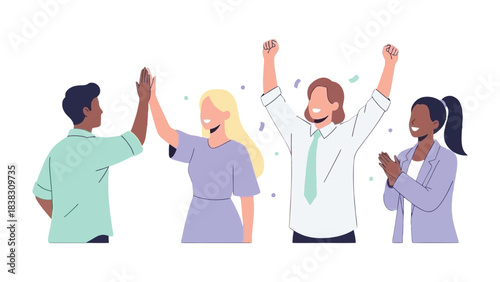 Celebration of Unity: Illustration capturing a team's celebration of togetherness and shared success. People are seen engaging in high-fives and applause, showing moments of happiness and teamwork.