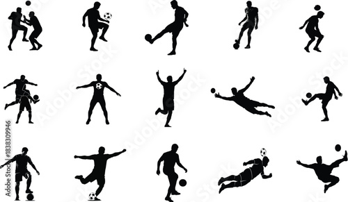 Silhouettes of dynamic soccer players in various action poses