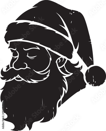 Distressed grunge style Santa Claus head silhouette profile with big beard and hat for winter holidays design element