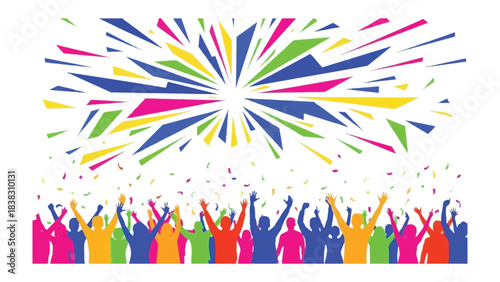 Celebration in Colors: A vibrant display of abstract shapes burst over a joyous crowd, their arms raised in exultation, symbolizing celebration, achievement, and collective euphoria.