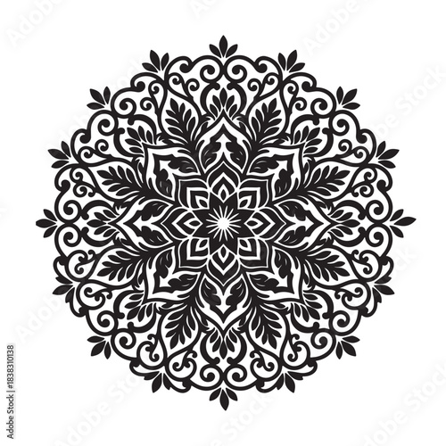 Intricate black mandala design with floral and leaf motifs