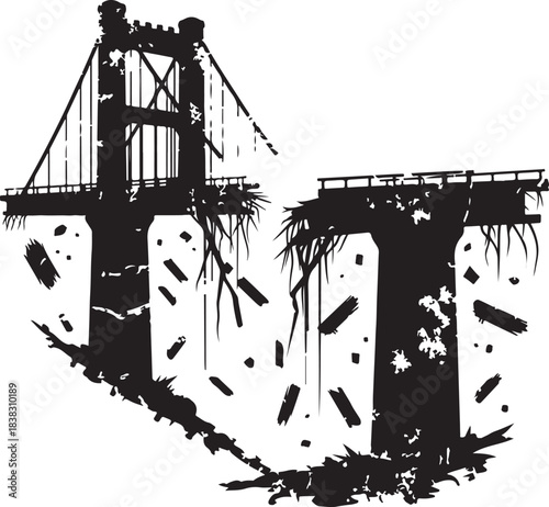 Dramatic silhouette illustration of a crumbling suspension bridge depicting widespread destruction and urban decay