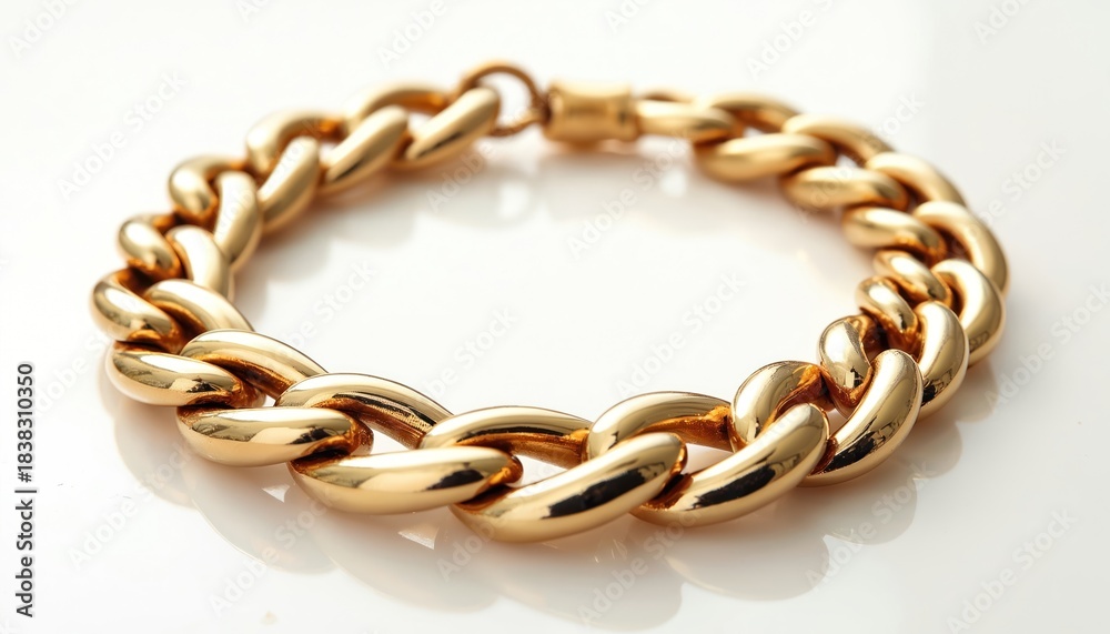 Obraz premium Thick gold chain bracelet lies on white surface. Oval links are connected in modern design. Fashionable accessory. Jewelry for men and woman. Luxury golden wristband shines. Gift idea for loved ones.