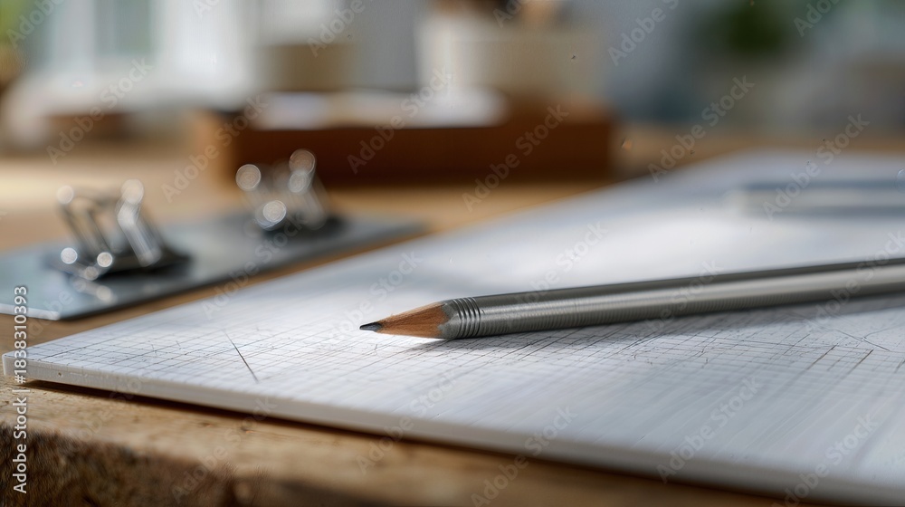 Fototapeta premium Architecture Firm Workspace with Pencil on Drafting Paper Captures Creative