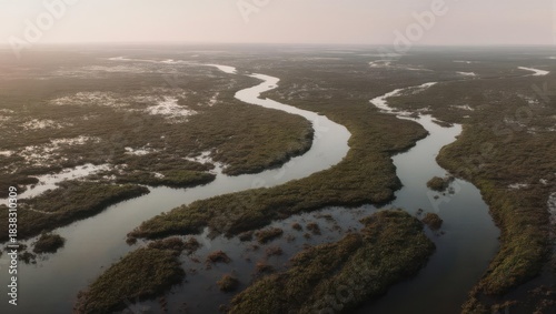 Wallpaper Mural Aerial view of winding river through marshland, natural landscape. Torontodigital.ca