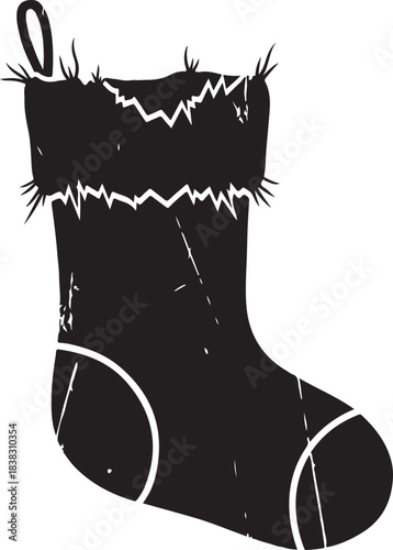 Grungy black Christmas stocking vector illustration featuring a distressed fuzzy top and hanging loop holiday design element