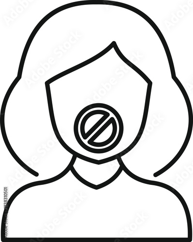 Line drawing of a woman with her mouth crossed out, symbolizing censorship and the suppression of free speech