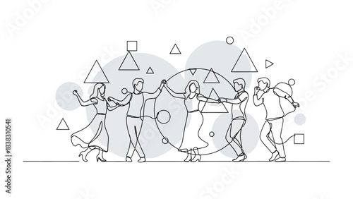 Geometric Dance: An elegant illustration depicts a group of figures in a circle, their hands joined in a joyful dance, all set against a backdrop of minimalist geometric shapes.