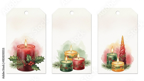 Watercolor Christmas Candle Gift Tags with Red Green and Gold Candles Holly Leaves and Pine, Festive Holiday Printable Label Set