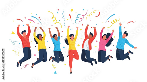 Celebrating Success: A group of diverse people in a joyous celebration. Jumping high, surrounded by confetti, symbolizing accomplishment and happiness. 