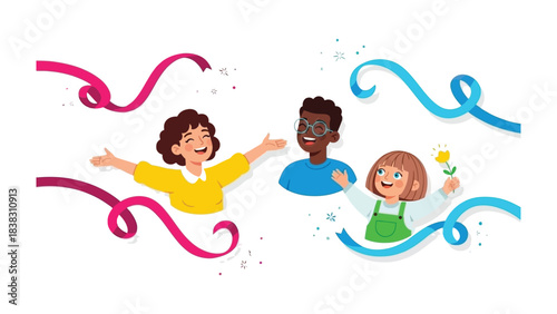 Joyful Connection: Illustration of happy children in a playful setting with decorative ribbons, embodies the pure joy of childhood. 