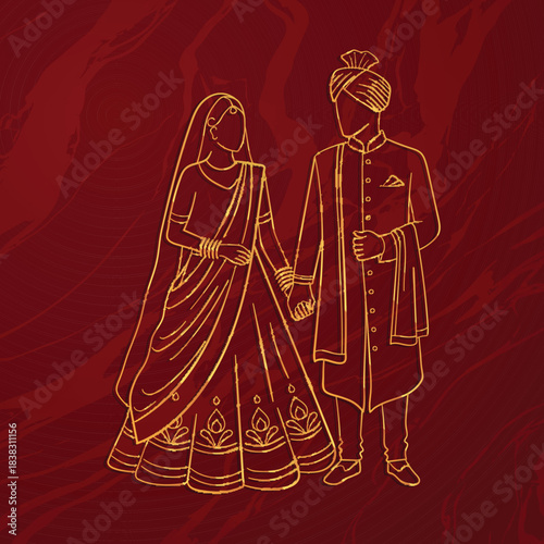 Minimalist Golden Line Art Illustration of Indian Wedding Couple Bride and Groom in Traditional Attire on Deep Red Background